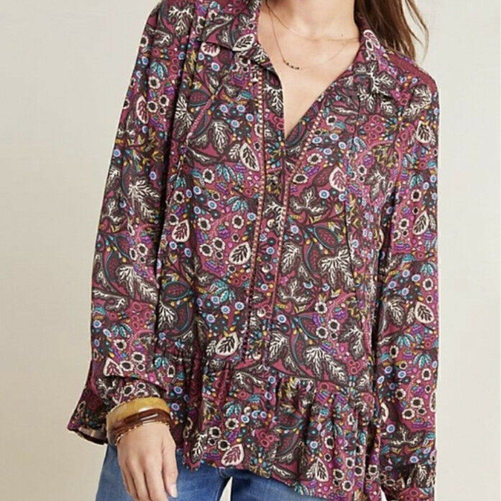 Maeve By Anthropologie Janie Flounced Peasant Blouse Purple Motif NEW